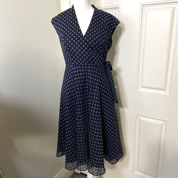 Worthington Navy Blue Polka Dot Ruffle VNeck Dress Size 6P Vintage inspired Midi - Picture 1 of 12